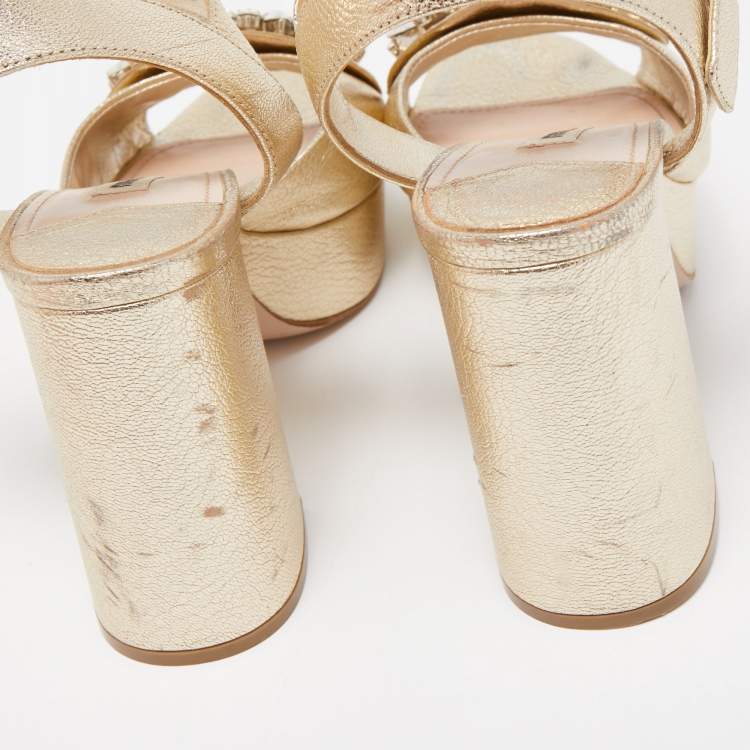 Pre Owned Miu Miu Gold Leather Crystal Embellished Ankle Strap Platform Sandals Size 36.5