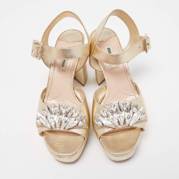 Pre Owned Miu Miu Gold Leather Crystal Embellished Ankle Strap Platform Sandals Size 36.5