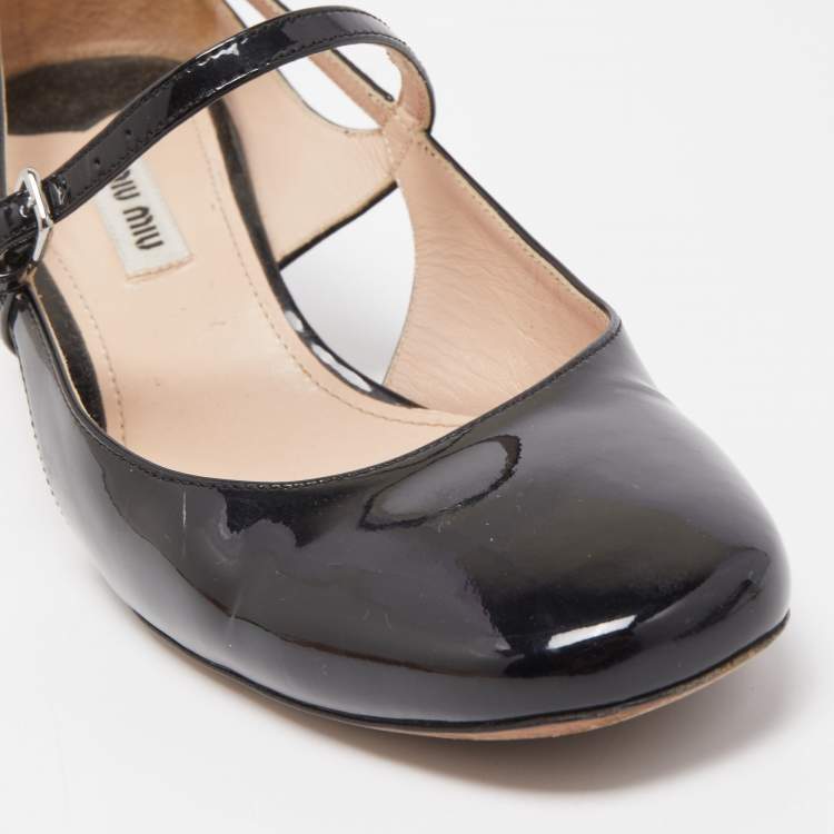Pre Owned Miu Miu Black Patent Leather Crystal Embellished Heel Mary Jane Pumps Size 38.5
