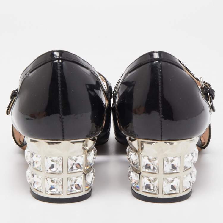 Pre Owned Miu Miu Black Patent Leather Crystal Embellished Heel Mary Jane Pumps Size 38.5