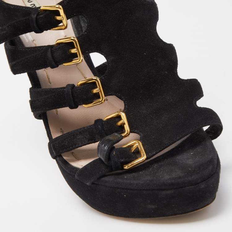 مملوكة مسبقًا Miu Miu Black Suede Strappy Platform Sandals Size 36