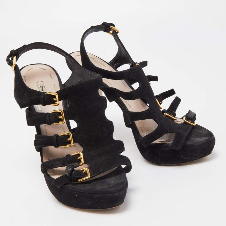 مملوكة مسبقًا Miu Miu Black Suede Strappy Platform Sandals Size 36