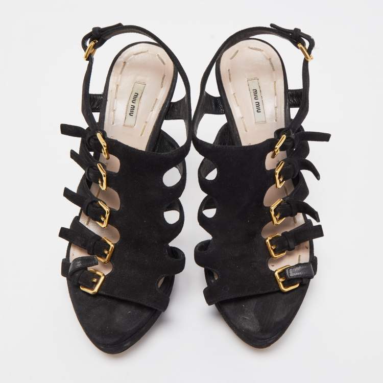 مملوكة مسبقًا Miu Miu Black Suede Strappy Platform Sandals Size 36