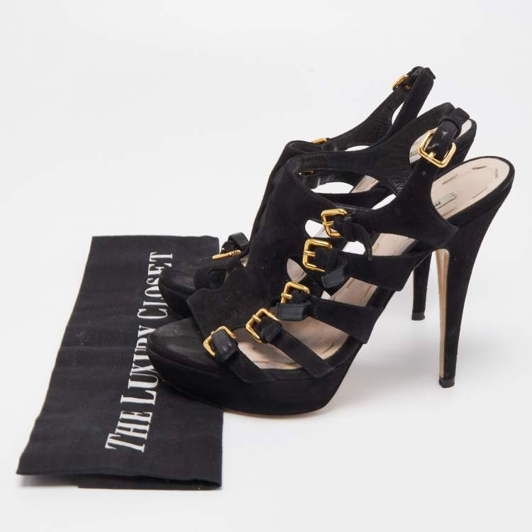 مملوكة مسبقًا Miu Miu Black Suede Strappy Platform Sandals Size 36