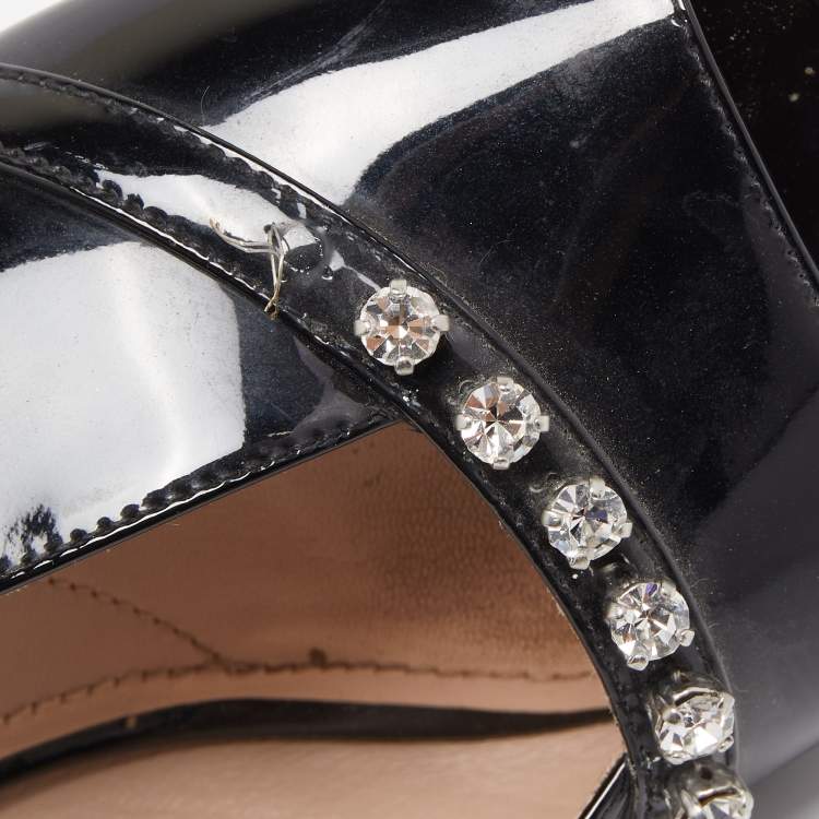 Pre Owned Miu Miu Black Patent Leather Crystal Embellished Open Toe Mules Size 39
