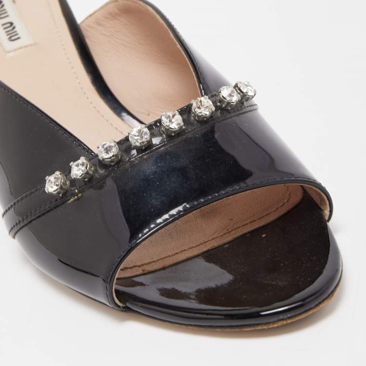 Pre Owned Miu Miu Black Patent Leather Crystal Embellished Open Toe Mules Size 39
