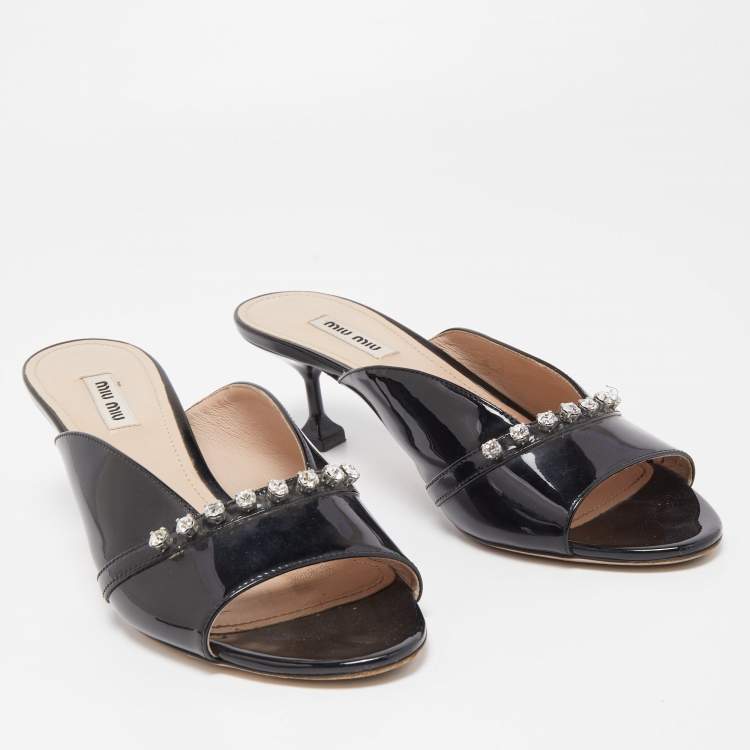 Pre Owned Miu Miu Black Patent Leather Crystal Embellished Open Toe Mules Size 39