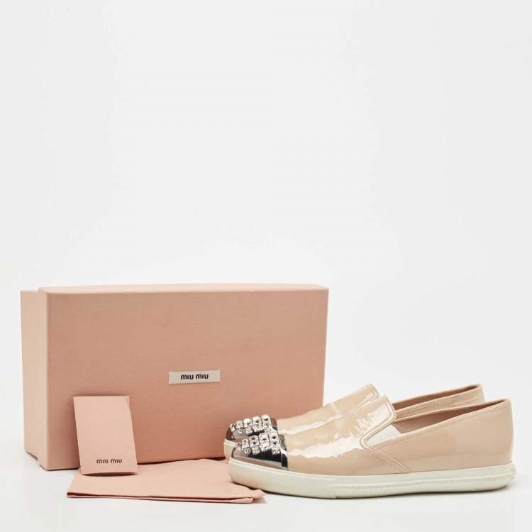 Pre Owned Miu Miu Beige Patent Leather Crystal Embellished Cap Toe Slip On Sneakers Size 38