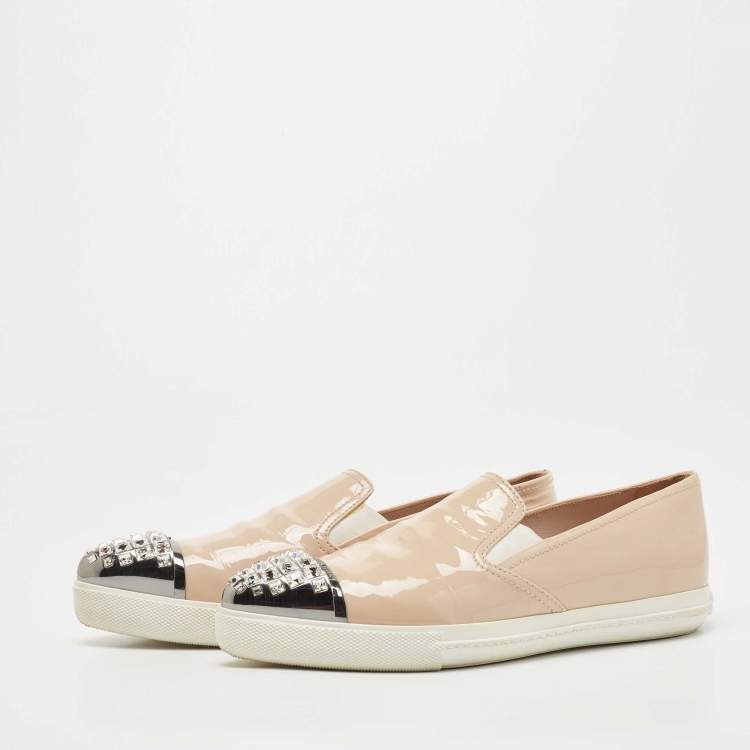 Pre Owned Miu Miu Beige Patent Leather Crystal Embellished Cap Toe Slip On Sneakers Size 38