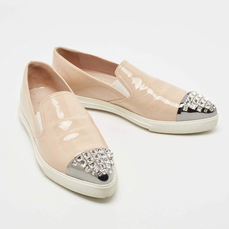 Pre Owned Miu Miu Beige Patent Leather Crystal Embellished Cap Toe Slip On Sneakers Size 38