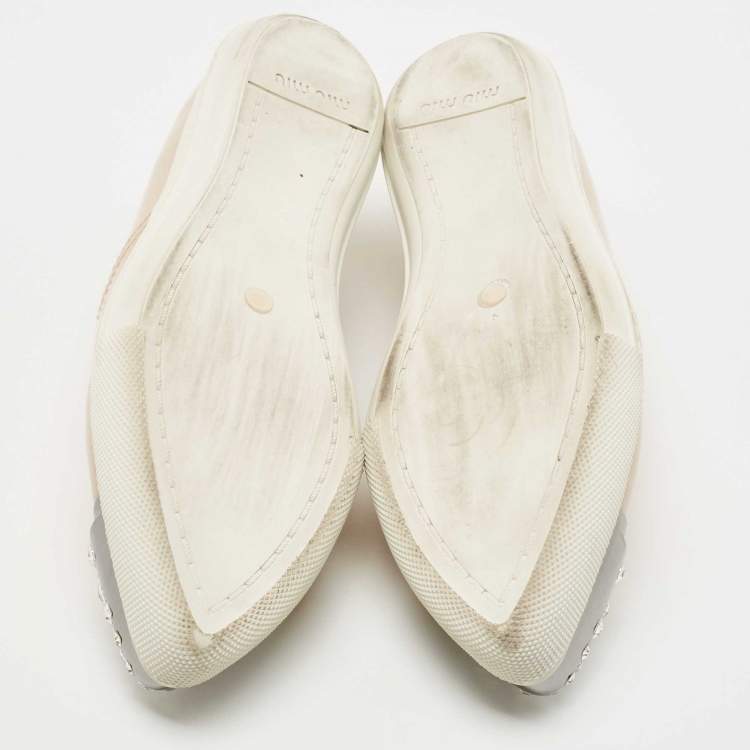 Pre Owned Miu Miu Beige Patent Leather Crystal Embellished Cap Toe Slip On Sneakers Size 38