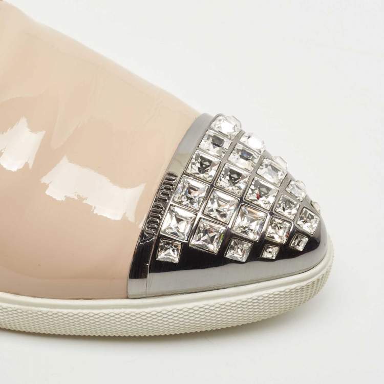 Pre Owned Miu Miu Beige Patent Leather Crystal Embellished Cap Toe Slip On Sneakers Size 38