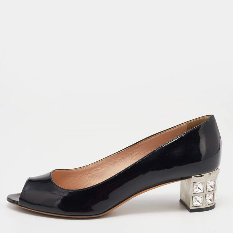 Pre Owned Miu Miu Black Patent Leather Crystal Embellished Block Heel Peep Toe Pumps Size 37