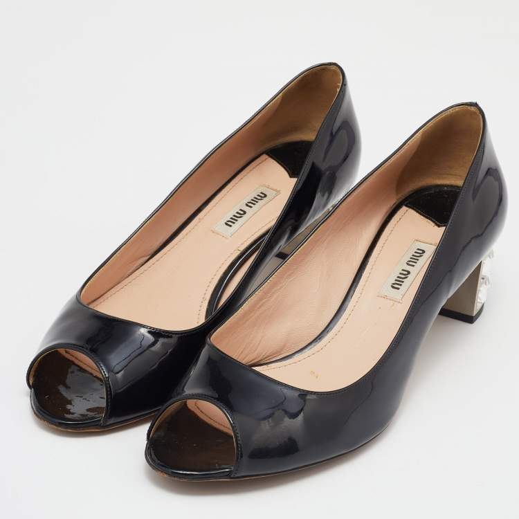 Pre Owned Miu Miu Black Patent Leather Crystal Embellished Block Heel Peep Toe Pumps Size 37