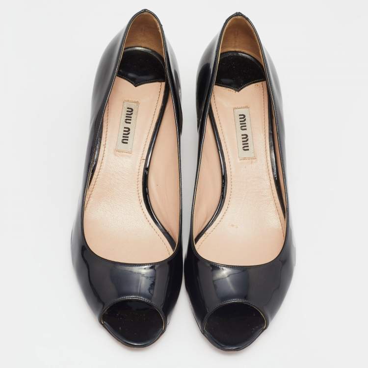 Pre Owned Miu Miu Black Patent Leather Crystal Embellished Block Heel Peep Toe Pumps Size 37