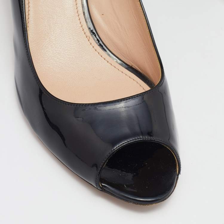 Pre Owned Miu Miu Black Patent Leather Crystal Embellished Block Heel Peep Toe Pumps Size 37