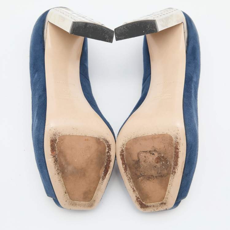 Pre Owned Miu Miu Navy Teal Suede Crystal Heel Peep Toe Pumps Size 38.5
