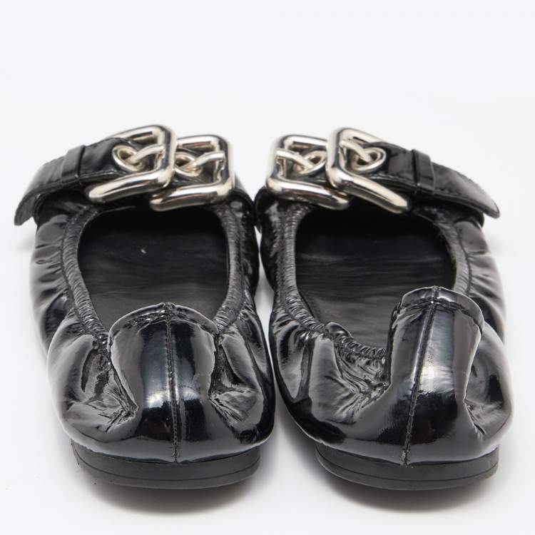 Pre Owned Miu Miu Black Patent Leather Scrunch Buckle Ballet Flats Size 38.5