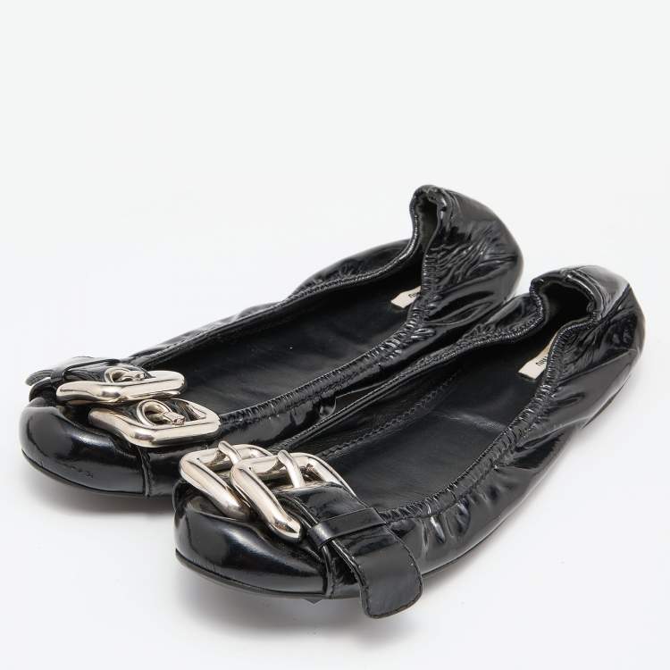 Pre Owned Miu Miu Black Patent Leather Scrunch Buckle Ballet Flats Size 38.5