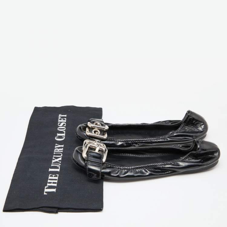 Pre Owned Miu Miu Black Patent Leather Scrunch Buckle Ballet Flats Size 38.5