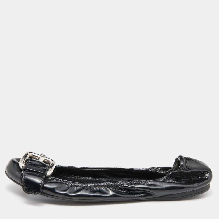 Pre Owned Miu Miu Black Patent Leather Scrunch Buckle Ballet Flats Size 38.5