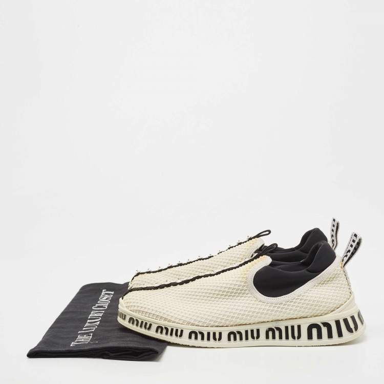 Pre Owned Miu Miu Cream Mesh Crystal Embellished Slip On Sneakers Size 37.5