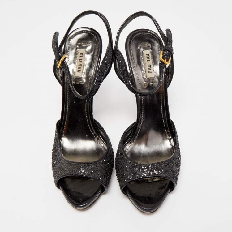 Pre Owned Miu Miu Black Coarse Glitter Peep Toe Ankle Strap Sandals Size 40