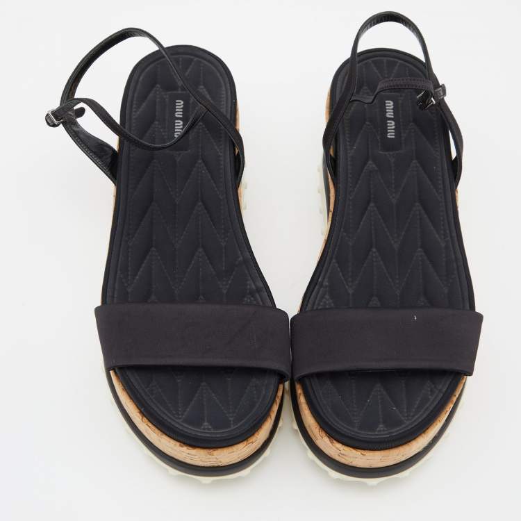 Pre Owned Miu Miu Black Satin Ankle Strap Platform Sandals Size 39.5