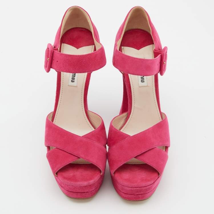 Pre Owned Miu Miu Pink Suede Platform Block Heel Sandals Size 38.5