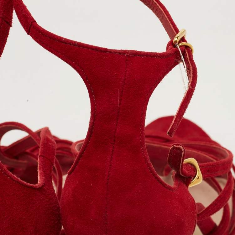 Pre Owned Miu Miu Red Suede Strappy Platform Sandals Size 36
