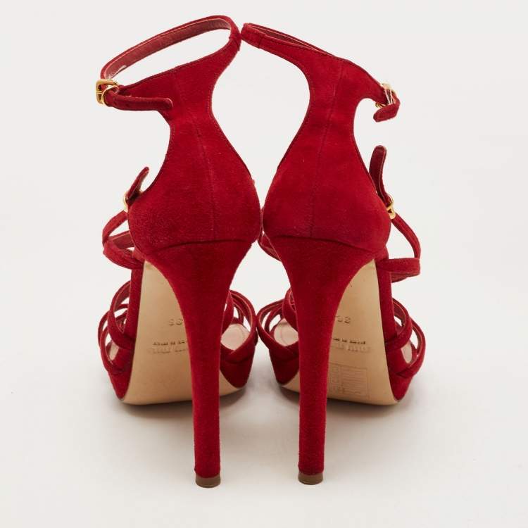 Pre Owned Miu Miu Red Suede Strappy Platform Sandals Size 36