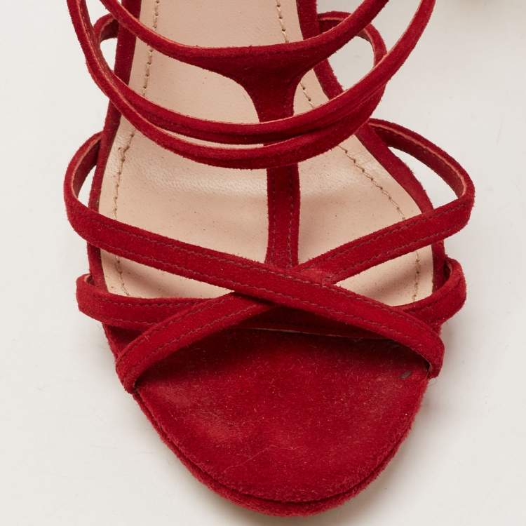 Pre Owned Miu Miu Red Suede Strappy Platform Sandals Size 36