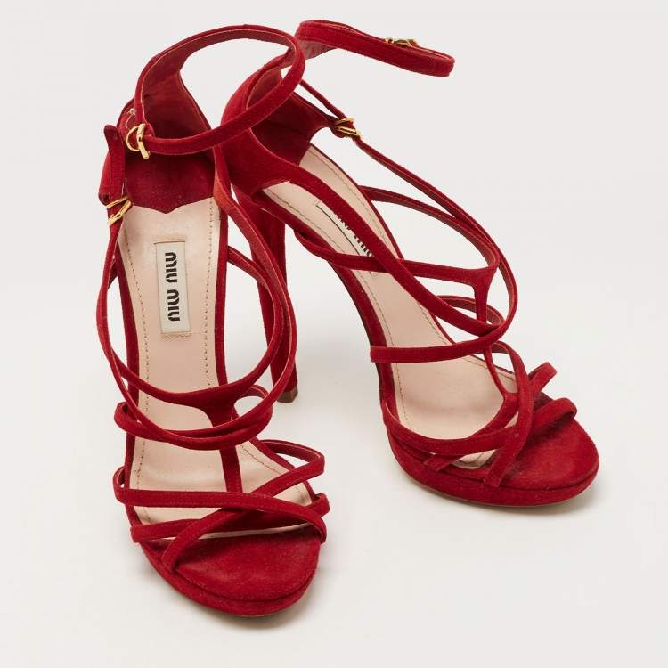 Pre Owned Miu Miu Red Suede Strappy Platform Sandals Size 36