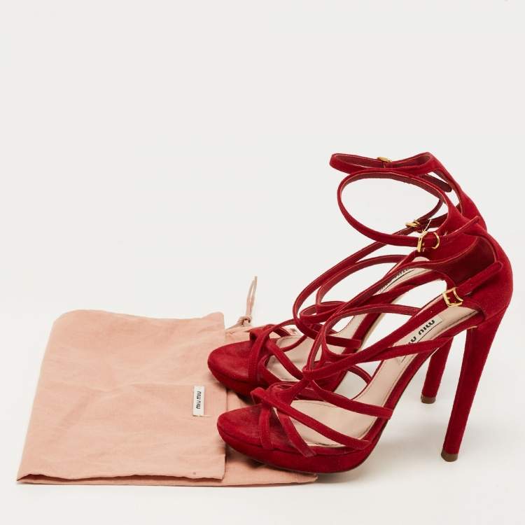 Pre Owned Miu Miu Red Suede Strappy Platform Sandals Size 36
