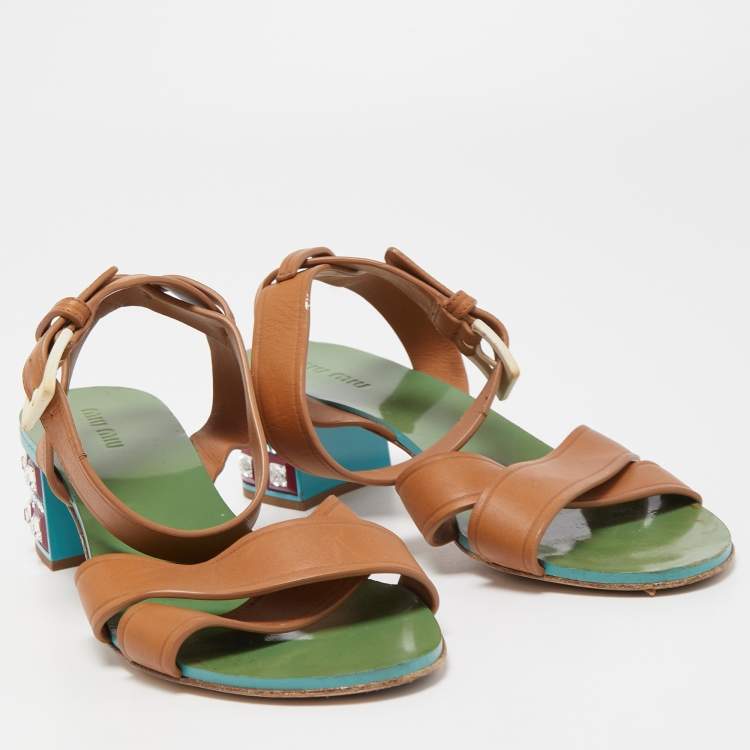 Pre Owned Miu Miu Brown Leather Crystal Embellished Heel Ankle Strap Sandals Size 36