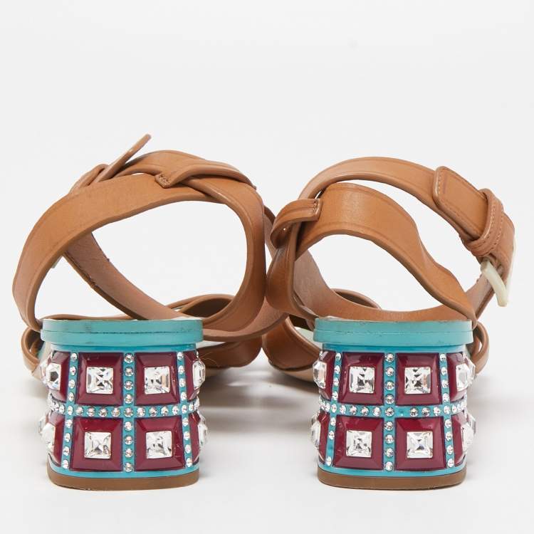 Pre Owned Miu Miu Brown Leather Crystal Embellished Heel Ankle Strap Sandals Size 36