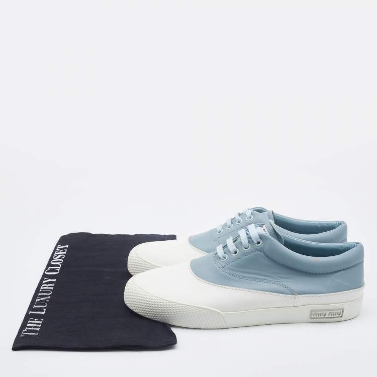 Pre Owned Miu Miu Blue/White Leather Lace Up Sneakers Size 38.5