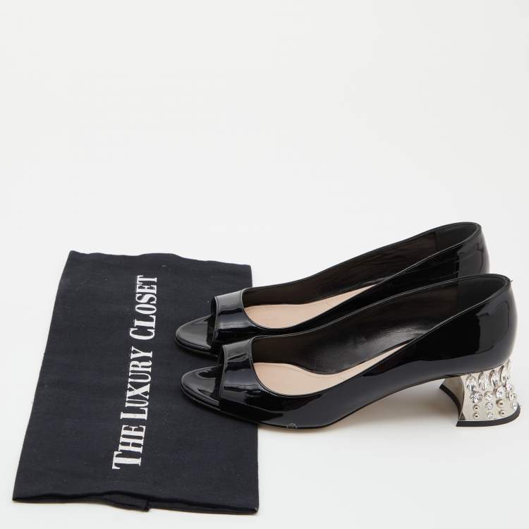 Pre Owned Miu Miu Black Patent Leather Crystal Embellished Block Heel Peep Toe Pumps Size 35.5