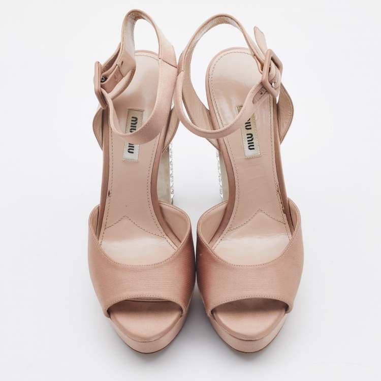Pre Owned Miu Miu Beige Satin Crystal Embellished Block Heel Ankle Strap Sandals Size 40