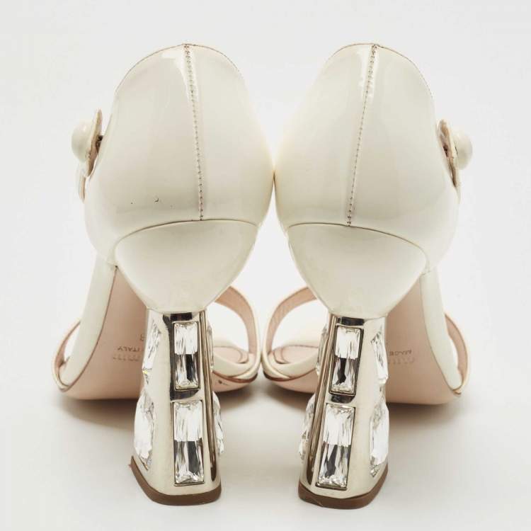 Pre Owned Miu Miu White Patent Leather Crystal Embellished Heel Ankle Strap Sandals Size 38