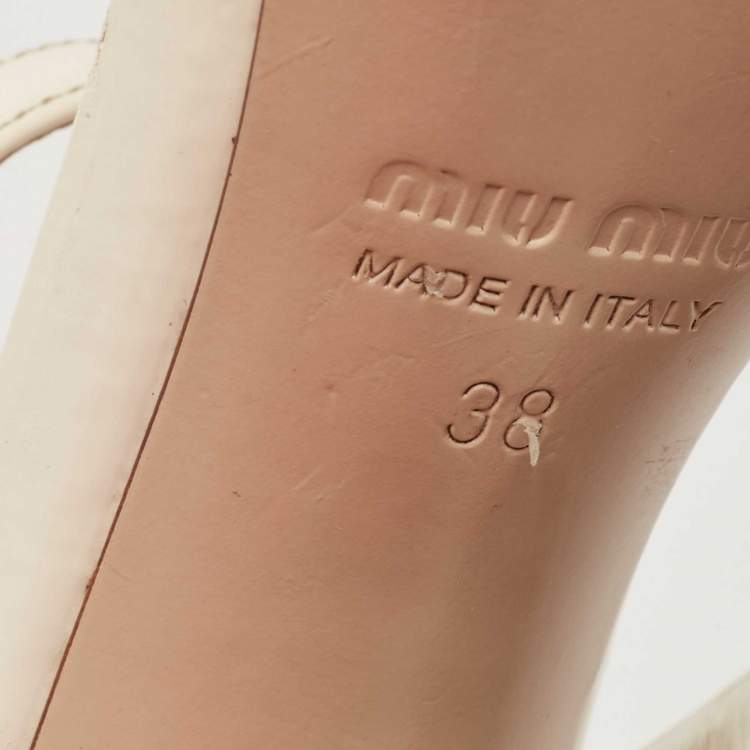 Pre Owned Miu Miu White Patent Leather Crystal Embellished Heel Ankle Strap Sandals Size 38