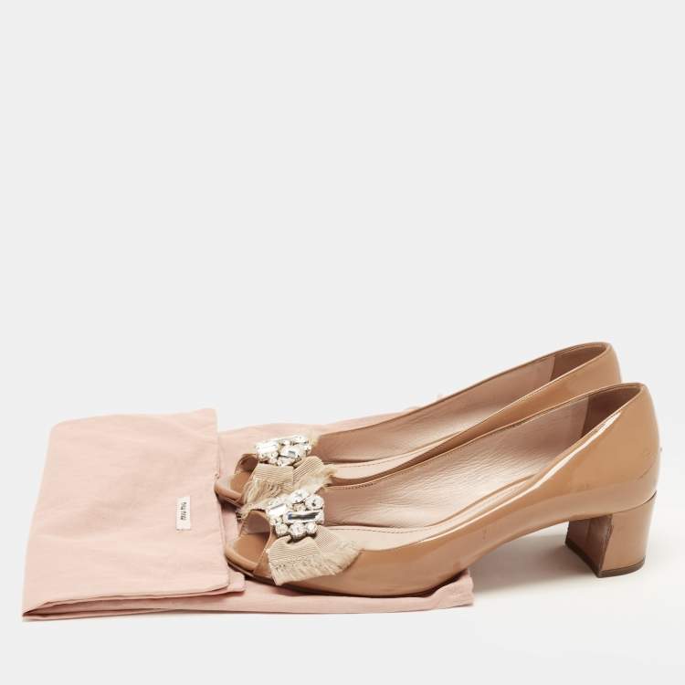 Pre Owned Miu Miu Brown Patent Leather Crystal Embellished Peep Toe Block Heel Pumps Size 36.5
