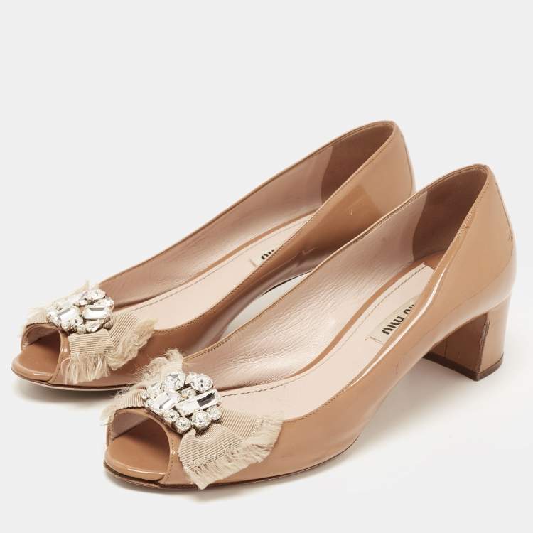 Pre Owned Miu Miu Brown Patent Leather Crystal Embellished Peep Toe Block Heel Pumps Size 36.5