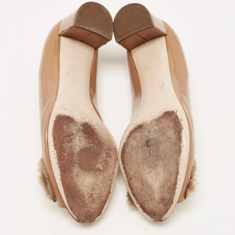Pre Owned Miu Miu Brown Patent Leather Crystal Embellished Peep Toe Block Heel Pumps Size 36.5