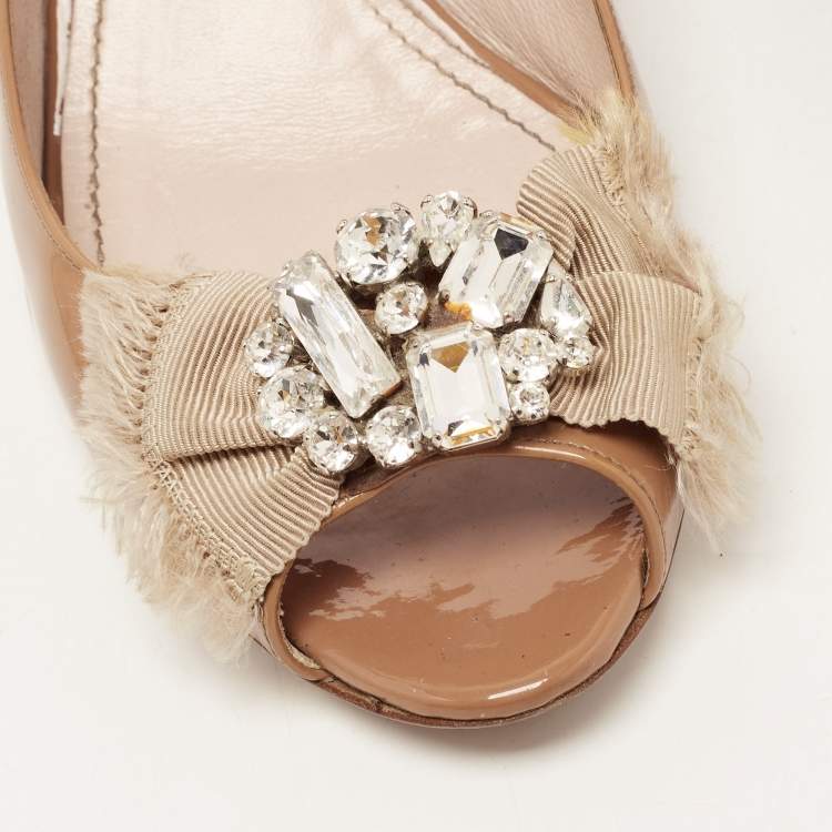 Pre Owned Miu Miu Brown Patent Leather Crystal Embellished Peep Toe Block Heel Pumps Size 36.5