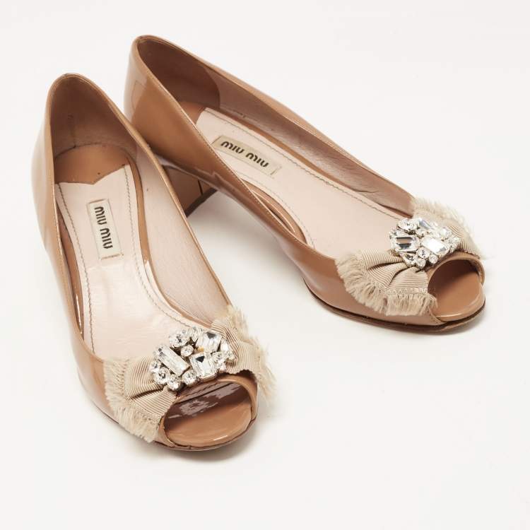 Pre Owned Miu Miu Brown Patent Leather Crystal Embellished Peep Toe Block Heel Pumps Size 36.5