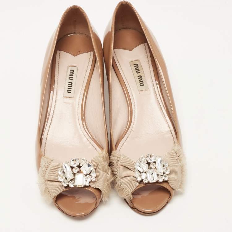 Pre Owned Miu Miu Brown Patent Leather Crystal Embellished Peep Toe Block Heel Pumps Size 36.5