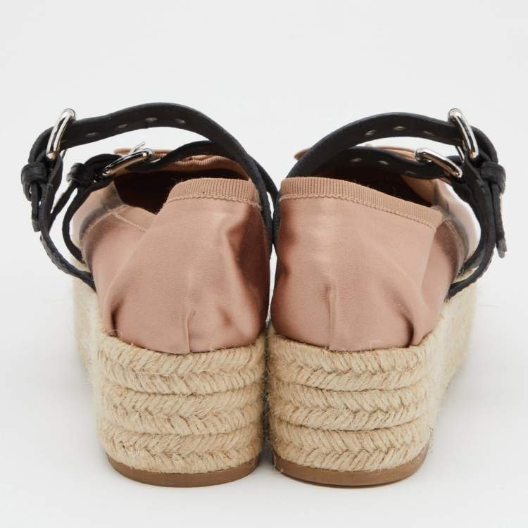 Pre Owned Miu Miu Old Rose/Black Satin Double Buckle Platform Espadrille Flats Size 35.5