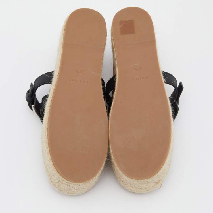 Pre Owned Miu Miu Old Rose/Black Satin Double Buckle Platform Espadrille Flats Size 35.5