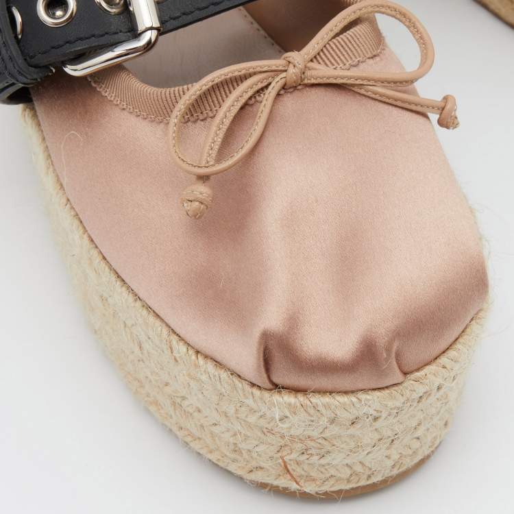 Pre Owned Miu Miu Old Rose/Black Satin Double Buckle Platform Espadrille Flats Size 35.5